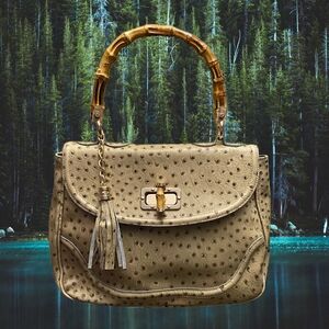 Genuine Leather Italian Handbag with Bamboo Handle